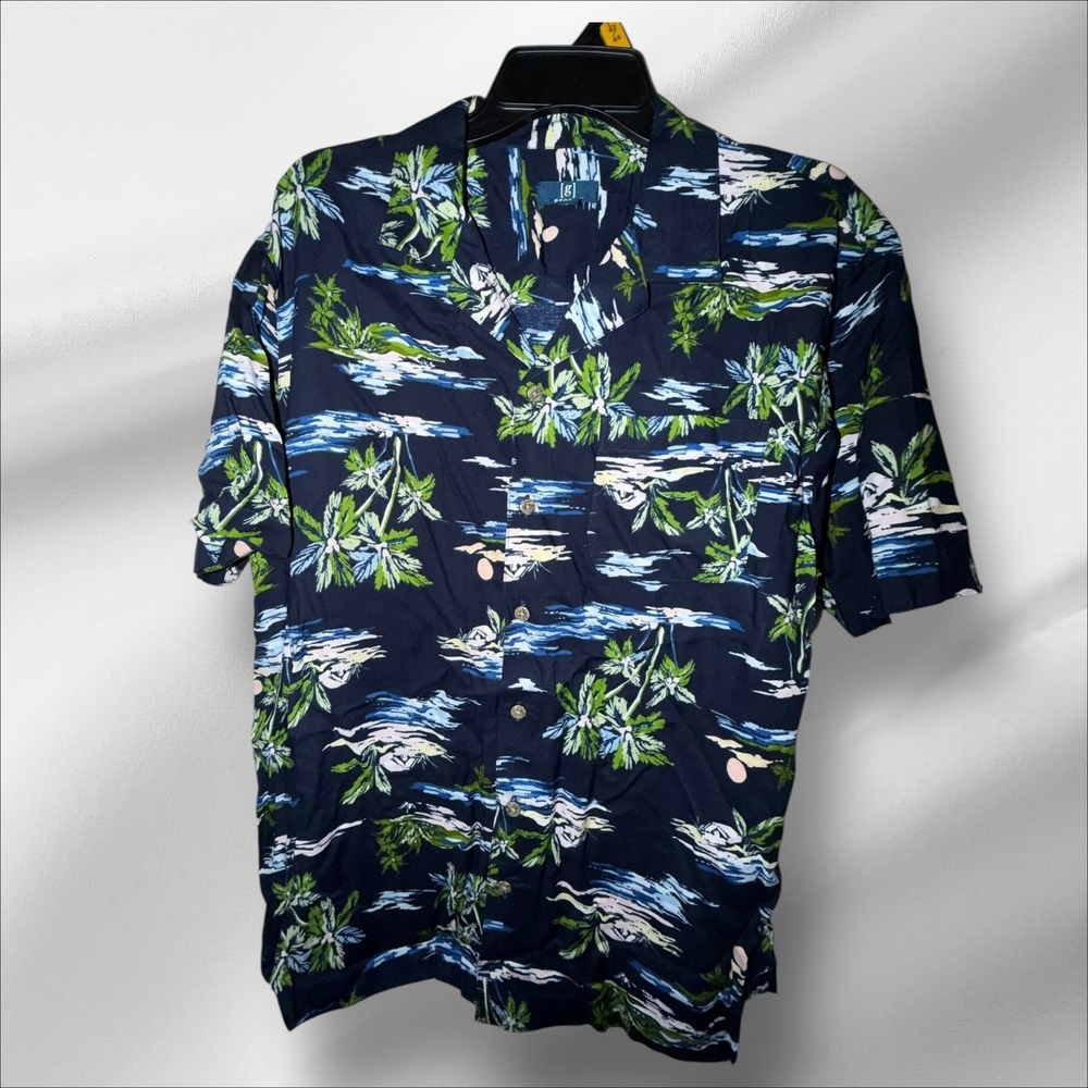 GEORGE Men's Cruise Shirt Short Sleeve Navy Tropical Palm Tree Print Size L NWT